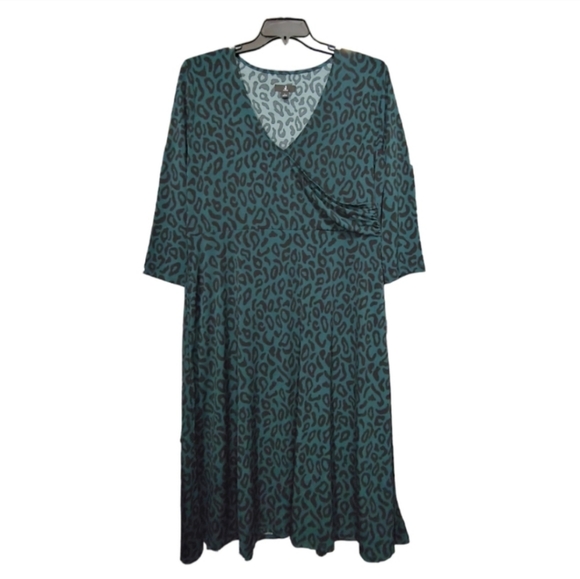 Jason Wu Green Leopard 3/4 Sleeve V Neck Midi Dress Women's Size Large L - Picture 2 of 8